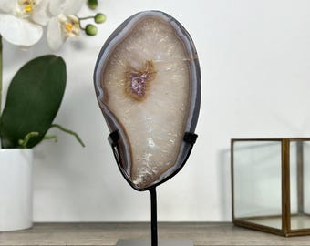 May include: A polished agate slice, displayed on a black metal stand. The agate features concentric bands of gray, white, and brown, with a central area of pinkish-brown hues. The stand has a square base.