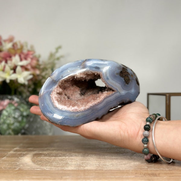 Stunning Blue Banded Agate & Pink Amethyst Stone Geode: A Captivating Decor Accent,  AMGE0165