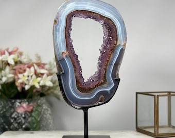 Natural Blue Banded Agate & Amethyst Slice Portal: prachtig decorstuk of meditatiehulpmiddel - MWS0835