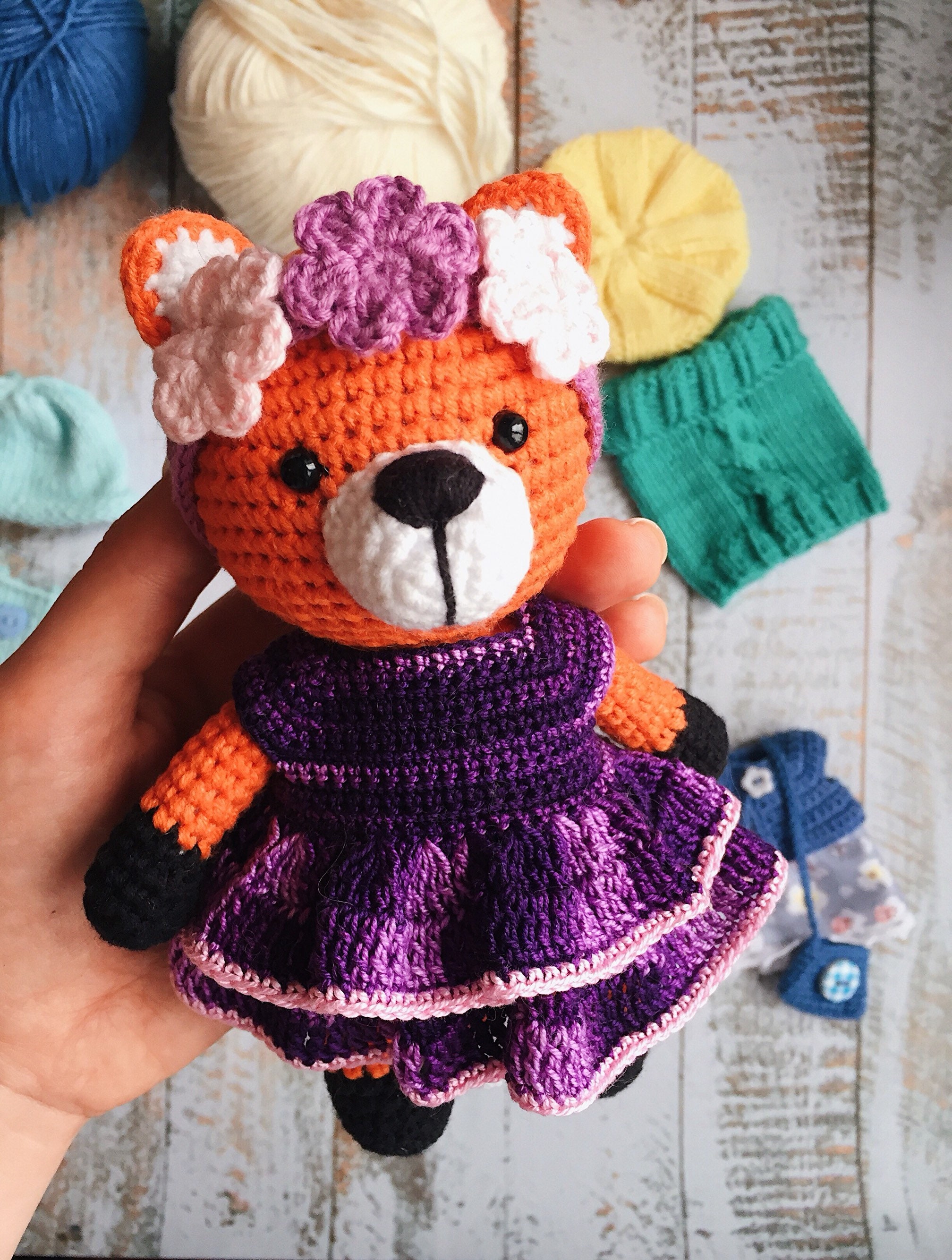 Handmade Crochet Fox Toy in Purple Dress