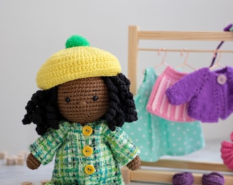 Dark skin Baby doll, Handmade stuffed doll with clothes, Birthday girl gift, Modern Doll Outfits - [M size]