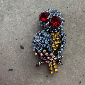 Diamante Owl Brooch Pin, Ruby Eyes, Multi-Colored Wings