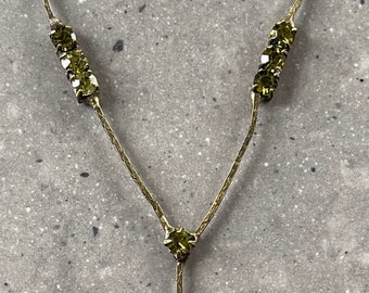 Brass green crystal  necklace, vintage type necklace.