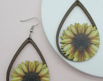 Handmade, Orange, yellow & Brown, Sunflower Earrings. Hook Earrings.