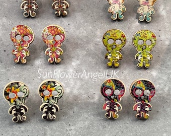 Day of the dead, sugar skull, wooden button skull earrings. Mexicana. Various types.