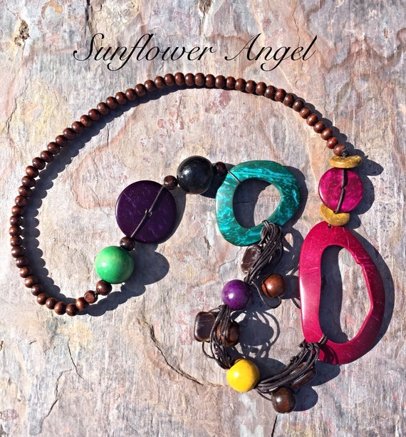 Wooden necklace, abstract, colourful, Lagenlook, boho hippy. Necklace, With Wooden Beads, coconut shell, And oval beads. Handmade