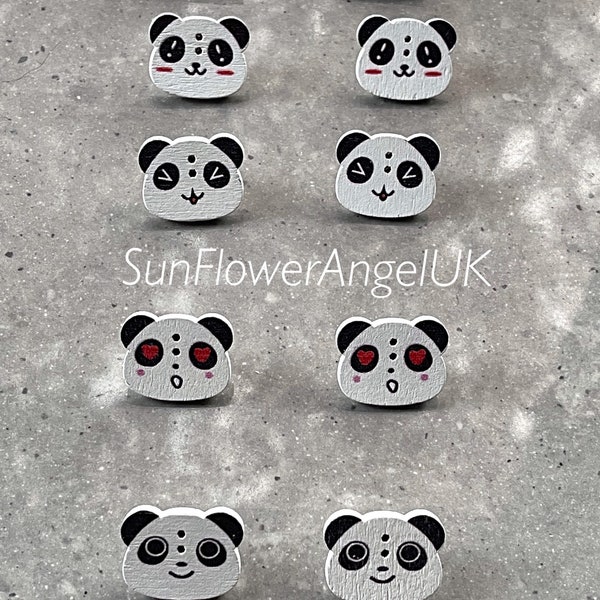 Earrings, panda wooden button stud earrings. Handmade