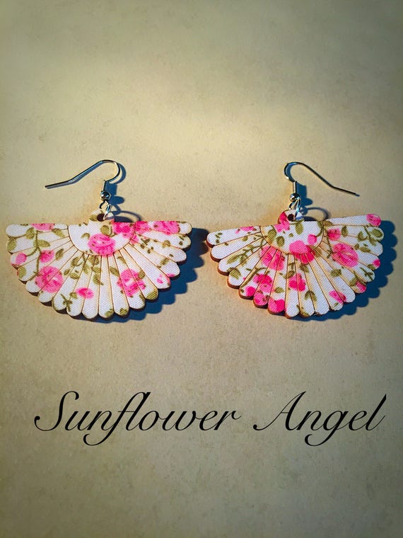 Cute boho hippy, wooden button pink cherry blossom fan hook earrings.