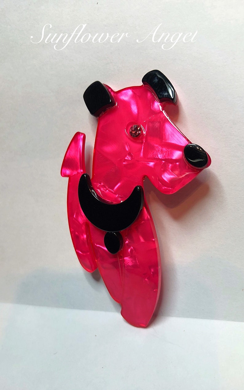 free gift box Art Deco cerise pink dog brooch In with crystal eyes and a black collar