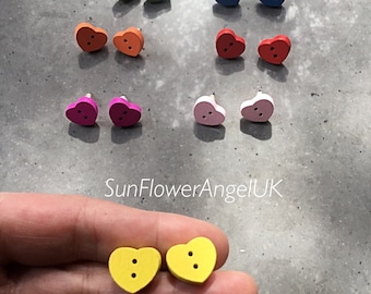 Wooden button smaller heart stud earrings.