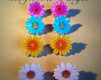 Large flower wooden button earrings, white background. Various colours. Handmade.