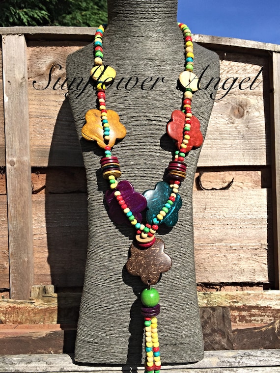 Necklace, With Wooden Beads, coconut shell, tassels And Thin Flowers. Colourful