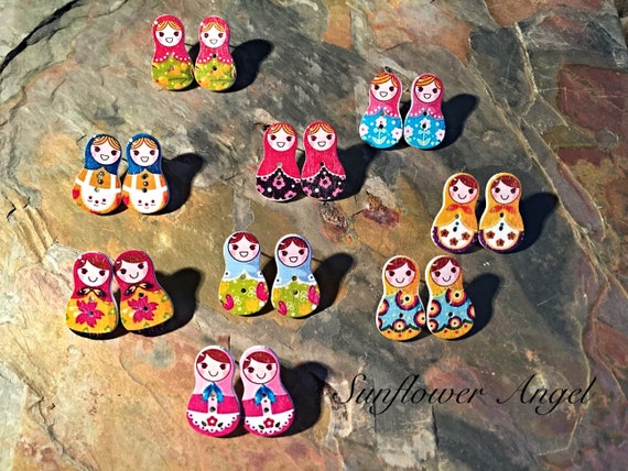 Russian doll wooden earrings, stud back with bullet fastener. In 9 different colours