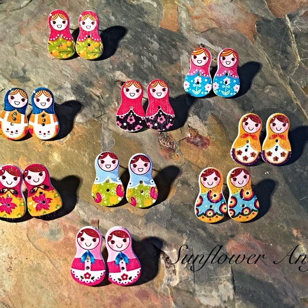 Russian doll wooden earrings, stud back with bullet fastener. In 9 different colours