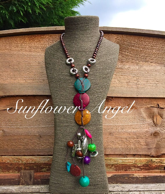 Funky Vibrant abstract wooden Necklace, With Wooden Beads, coconut shell And silver acrylic shapes, boho hippy.