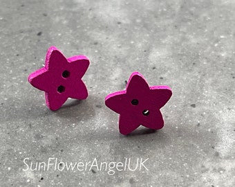 Earrings, wooden button star stud earrings. Lots of colours, handmade.