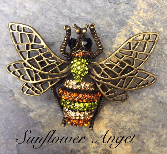 Vintage style bronze glamourous bee brooch (Manchester bee). Bumble bee with crystals and enamel.