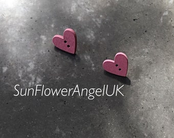 Earrings, wooden button heart stud earrings. Handmade, various colours.