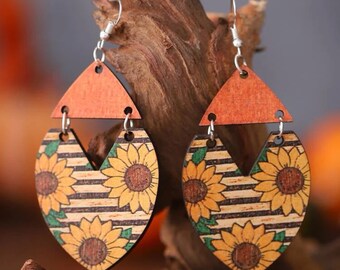 Handmade, Orange, yellow & Brown, Sunflower Earrings. Hook Earrings.