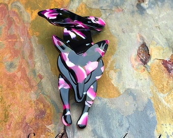 Stunning art deco, acrylic fox brooch, in white, black and pink marble shimmer effect. Perfect present