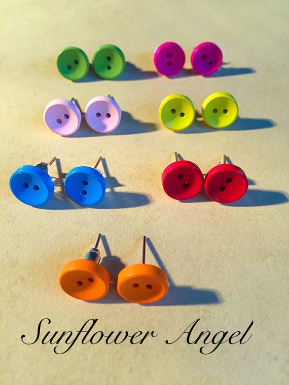 Different coloured button quirky wooden earrings, studs.