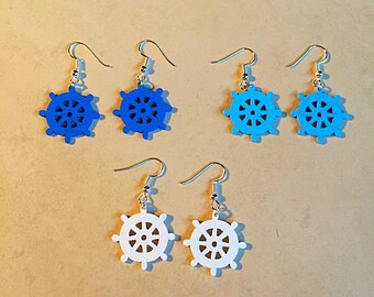 Handcrafted nautical, ships wheel wooden earrings, in blue or white