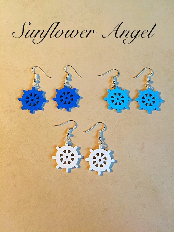 Handcrafted nautical, ships wheel wooden earrings, in blue or white