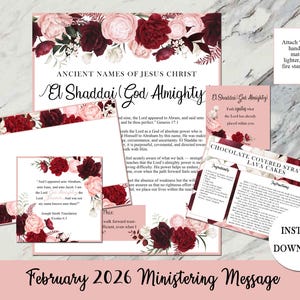 May include: A collection of printable cards with floral accents in burgundy, pink, and white. The cards include text about faith, recipes for chocolate-covered strawberry lava cakes, and the phrase "February 2026 Ministering Message."