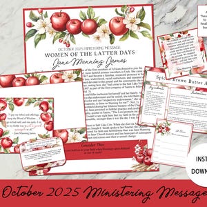 Può includere: Una collezione di stampabili per il Messaggio di Ministero di Ottobre 2025, con mele rosse, fiori bianchi e testo. Include schede di ricette, schede di citazioni e un volantino. Il design ha uno schema di colori rosso e bianco.