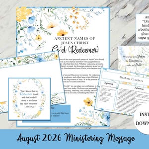 May include: A collection of printable documents featuring floral illustrations in yellow and blue. The pages include text titled Ancient Names of Jesus Christ, a recipe for Graham Crackers, and a quote from Job 19:25, all with a white background.
