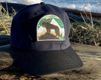 Cat-A-Mount Organic Canvas Cap | Organic Cotton | Canvas | Cap | Hat | Baseball Hat | Cougar | Puma | Mountain | Night | Moon | Navy Blue