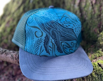 Womens Humpback Whale Trucker Hat | Hand Drawn Art | Ladies Baseball Cap | Sea Life Design | Whale, Fish & Kelp on Watercolor Background