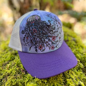 Kids Jellyfish Trucker Hat | Hand Drawn Art | Childrens Baseball Cap | Watercolor Style | Whimsical Sea Design | Adjustable Sun Protection