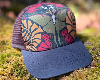 Womens Luna Moth Trucker Hat | Hand Drawn Art | Ladies Baseball Cap | Moon, Moth, Flowers & Foliage | BOHO Mystic Nature Style | Camping Hat