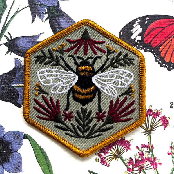 Bienen Aufnäher | Honeybeen Aufnäher Pollinator | Gestickter Aufnäher | Aufnäher für Jacke | Aufnäher für Rucksack | Aufnäher | Blumen Aufnäher | Botanisch