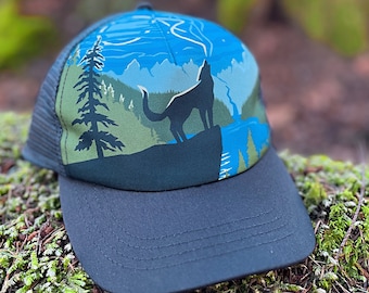 Kids Howling Wolf Trucker Hat | Hand Drawn Art | Childrens Baseball Cap | Wilderness Scene | Howling at the Moon | Adjustable Sun Protection