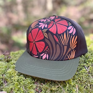 Womens Flower Hat | Hand Drawn Wildflower Art | Outdoorsy Ladies Fabric Baseball Cap | Wild Blossom Scene | Nature Lover or Gardener Gift