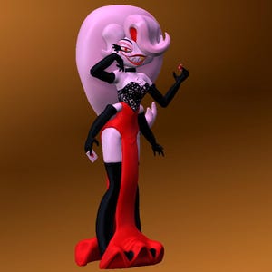 May include: A 3D-rendered figurine of a character with pale skin, a large pink hairstyle, and red accents. The character wears a black and white top, a red dress with a high slit, and black gloves. The figurine holds a playing card and a small object.