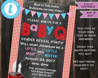 BabyQ Gender Reveal Invitation - Baby Shower Party- bbq- pink blue- Chalkboard- Printable - Personalized- DIY Custom INSTANT Self-EDITABLE