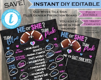 Football Gender Reveal Old Wives Tale & Matching Cast your Vote Board Signs- Team He Team She Chalkboard Baby INSTANT Self-EDITABLE 16x20