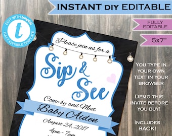 Sip n See Baby Shower Invitation- Baby Sprinkle- Blue Baby Boy- Sip & See Meet Greet- Chalkboard- Custom Printable 5x7 INSTANT Self-EDITABLE