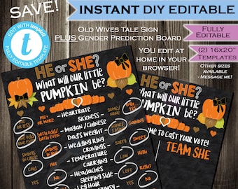 Pumpkin Fall Gender Reveal Party BUNDLE Old Wives Tale & Matching Cast your Vote Team He or She Chalkboard Baby INSTANT Self-EDITABLE 16x20