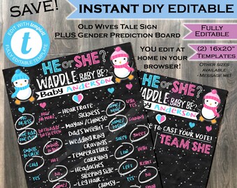 Penguin Gender Reveal Old Wives Tale & Cast your Vote Board Signs Waddle Baby Be Team He Team She Chalkboard Baby DIY INSTANT Self EDITABLE