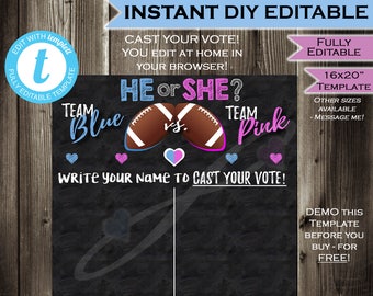 Football Gender Reveal Sign - Cast your Vote Board Team He or She - Gender Reveal Party Baby Shower - He or She INSTANT Self-EDITABLE 16x20