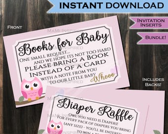 Diaper Raffle + Books for Baby Invitation Inserts Woodland Owl Party Invite Owl theme decoration Baby Shower- Printable Kit INSTANT DOWNLOAD
