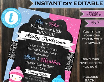 Penguin Gender Reveal Invitation Baby Shower Invite - Waddle Baby Snow Winter Chalkboard Template Custom Printable INSTANT Self EDITABLE 5x7