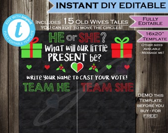 Christmas Present Gender Reveal Party Chalkboard- Cast your Vote Team He or She- Holiday Mistletoe Matching- Printable INSTANT Self-EDITABLE