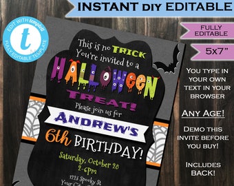 Halloween Birthday Party Invitation - Any Age - Kids Party Invite Costume Party - Bats Cats Printable Custom DIY INSTANT Self EDITABLE 5x7