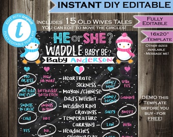 Gender Reveal Party Old Wives Tales Sign Penguin Waddle Baby Be Board Chalkboard Personalize Custom Digital Printable INSTANT Self EDITABLE