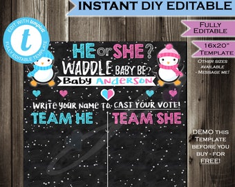 Penguin Gender Reveal Sign Cast your Vote Board - Waddle Baby Be - Party Baby Shower He or She Chalkboard Personalized INSTANT Self-EDITABLE